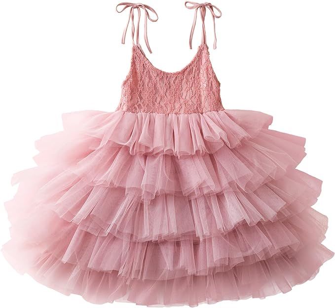 Girls Flower Sleeveless Strap Princess Layered Dress | Amazon (US)