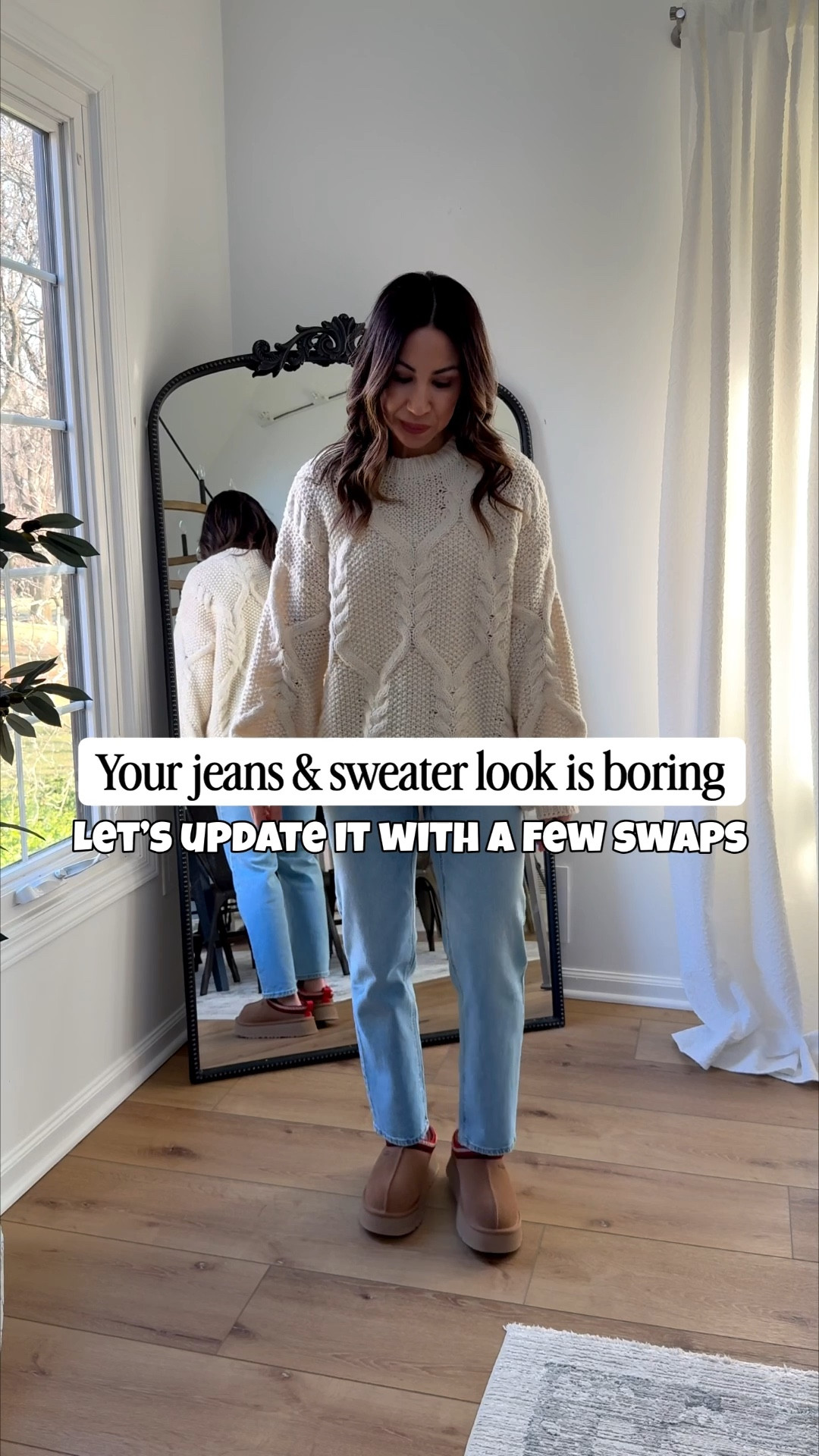 Nothing wrong with that first winter outfit, but just making a few swaps to elevate this casual outfit. Both sweaters are great Amazon finds but that striped one is cute & different. I got it in 2 colors and it’s on sale for under $25. Those sherpa mules live up to the hype and literally feel like slippers. Finally, I love both jeans but the wide leg that I cut is a pair that doesn’t lose a shape and keeps getting better and better with each wear and wash. 

Amazon sweater small. Aritzia jeans 25 (color 7 yrs bleu taboo). I cut them. Shoes tts AE jeans 0 X-short. 

#LTKOver40 #LTKSaleAlert #LTKFindsUnder50
