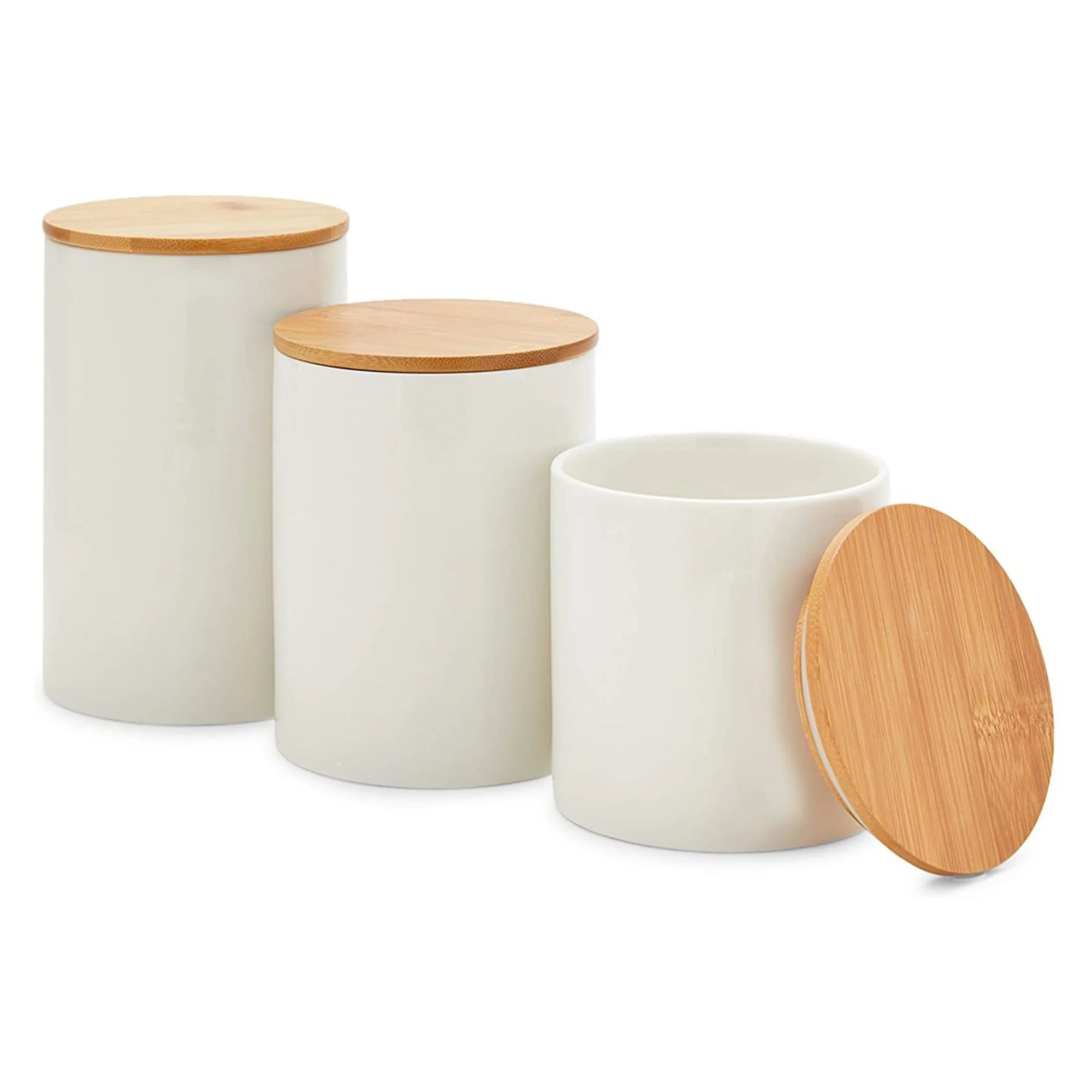 Set of 3 White Ceramic Kitchen Canisters with Wooden Bamboo Lids (3 Sizes) | Walmart (US)