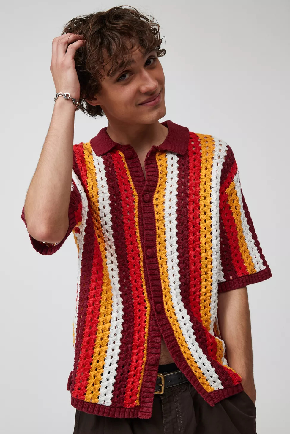 Native Youth Stripe Crochet Button-Down Shirt | Urban Outfitters (US and RoW)
