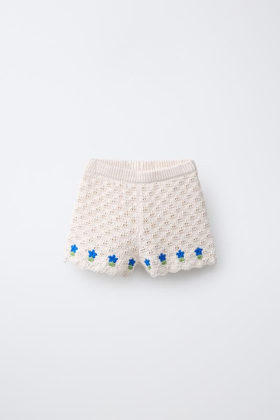Zara - Embroidered Crochet Knit Shorts - Ecru - 4 Years (40,9 Inches) - Kids | Zara US