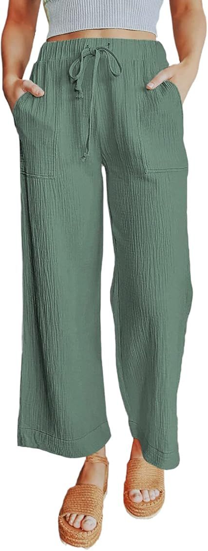 Dokotoo Women's 2022 Fashion Casual Elastic High Waisted Wide Leg Loose Work Long Palazzo Pants Trou | Amazon (US)