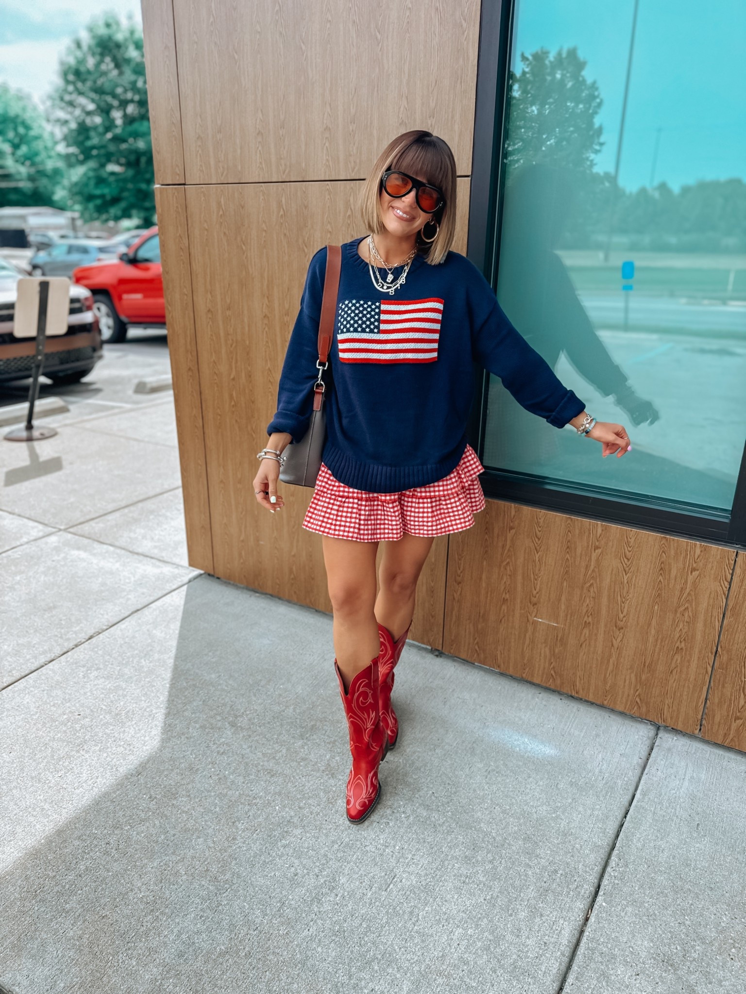 In my ❤️🤍💙 era🇺🇸⭐️

Sweater/ s runs BIG should of sized down
Skort/ s tts ( big in waist but I like the length) linked the white one because gingham is sold out. I also have the white. 
Boots/ 8 tts 

Americana 
Flag sweater 
Gingham 
Red boots
4th of July
Outfit inspo 
Cowgirl boots 
Summer 

#LTKShoeCrush #LTKFindsUnder50 #LTKSaleAlert