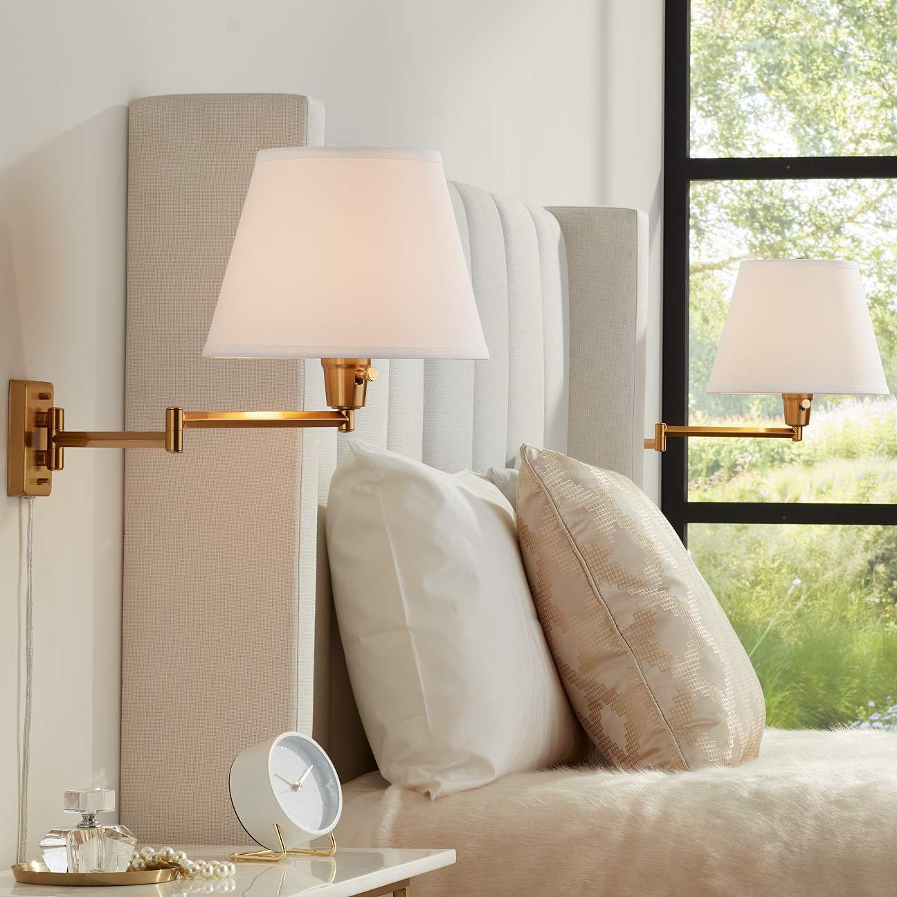 Clement Warm Gold Swing Arm Plug-In Wall Lamps Set of 2 | Lamps Plus