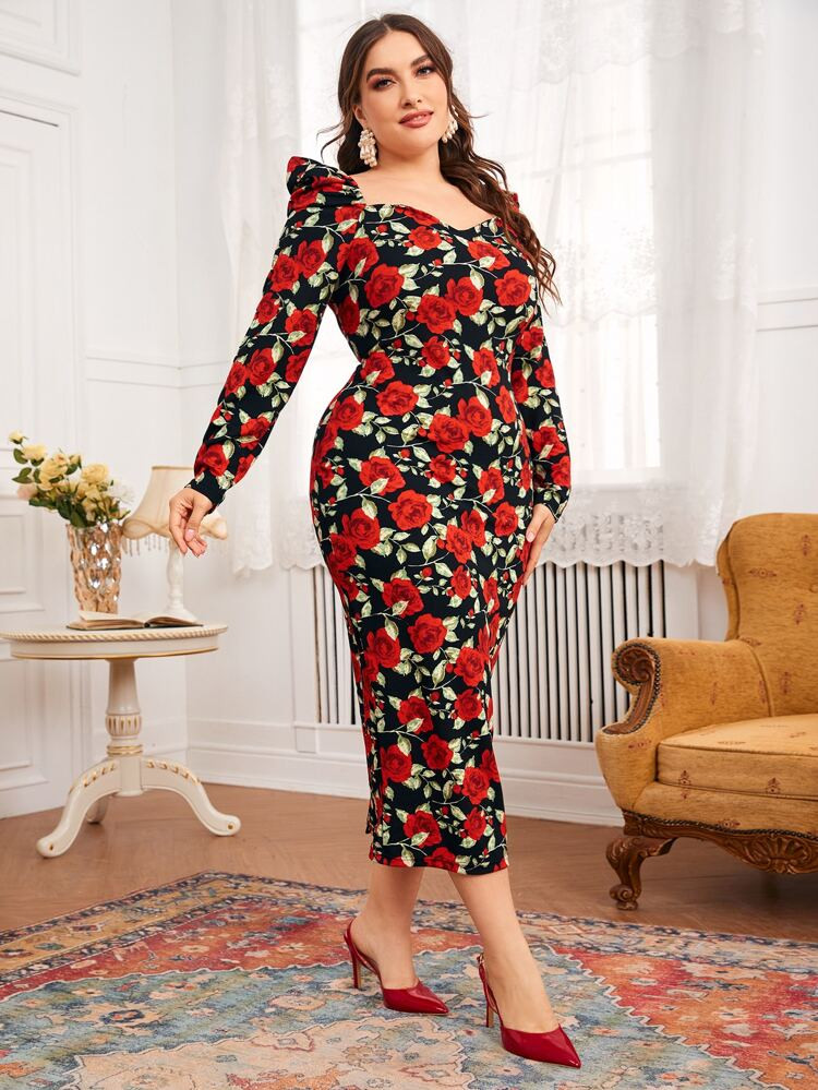SHEIN Plus Allover Floral Print Gigot Sleeve Bodycon Dress | SHEIN