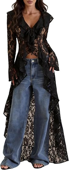 Lace Cardigan for Women Maxi Summer Lightweight Open Front Tie Bell Long Sleeve Ruffled Tops Dust... | Amazon (US)
