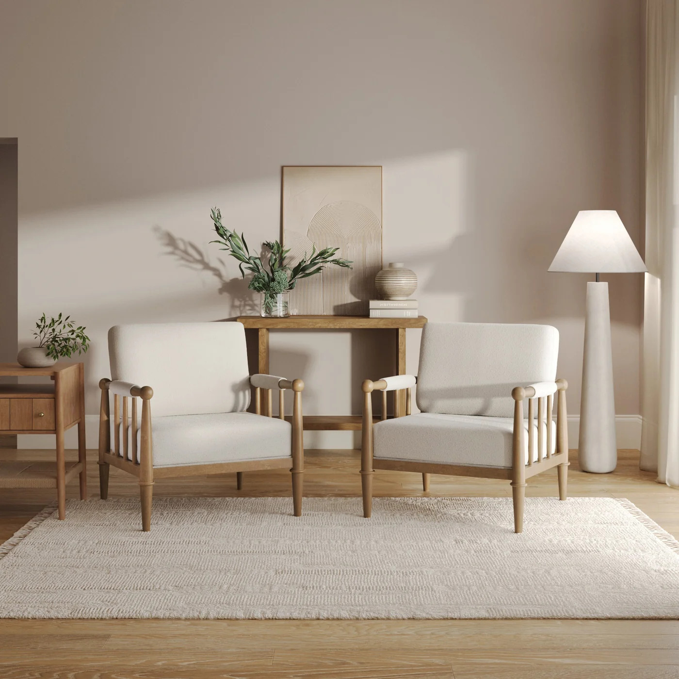 Bohemian Boucle Accent Chair with Arm Cream Boucle (Set of 2) | Nathan James
