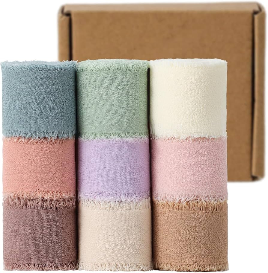 1" x 27 Yd Chiffon Ribbon Mixed Color Ribbons Set 9 Rolls Handmade Fringe Fabric for Wedding Invi... | Amazon (US)