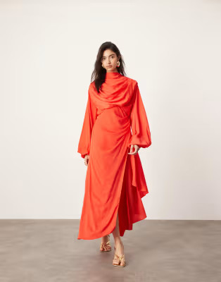 ASOS EDITION satin volume blouson sleeve satin midi dress in red | ASOS (Global)