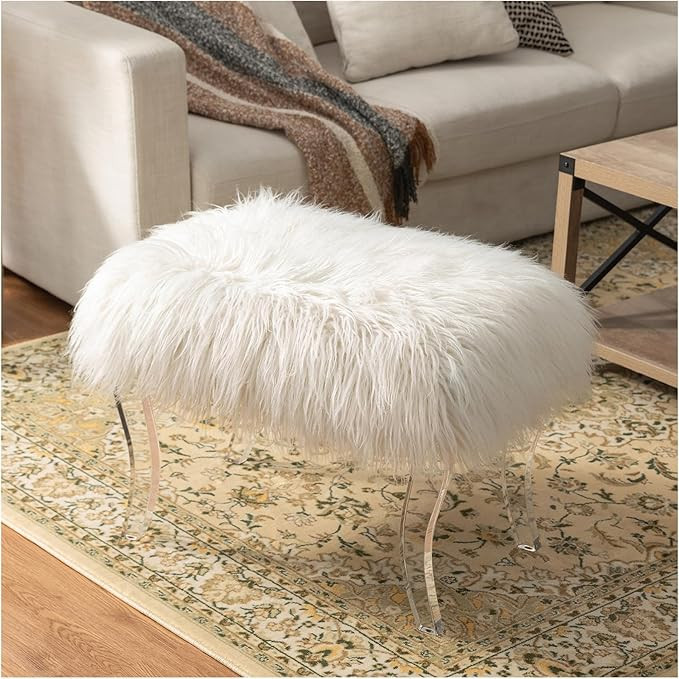 Glitzhome Modern Style White Faux Fur Ottoman Footrest Stool Vanity Stool with Acrylic Legs Accen... | Amazon (US)
