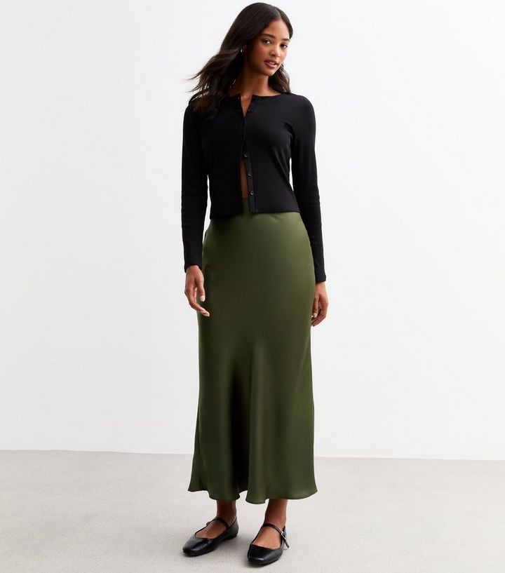 Khaki Satin Midi Skirt | New Look | New Look (UK)