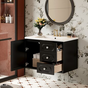 LOVMOR 30in  Bathroom Vanity with Ceramic Sink Mid Century Bathroom Vanity Cabinet with 2 Drawers... | Lowe's