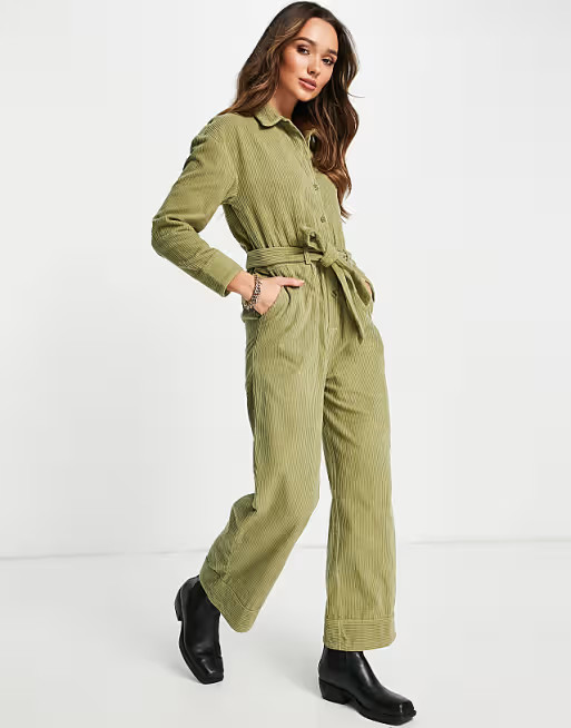 ASOS DESIGN cord tie waist sleeve boiler suit in green | ASOS (Global)