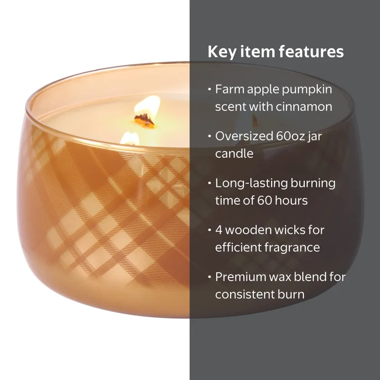 Better Homes & Gardens 4-Wick 60 oz Plaid Glass Jar Candle, Intense Farm Apple Pumpkin | Walmart (US)