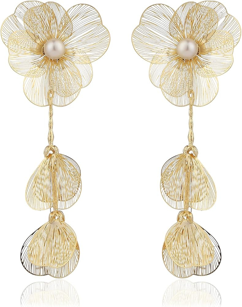 Statement Gold Flower Earrings for Women 14K Gold Plated Flower Dangle Earrings Boho Yellow Big C... | Amazon (US)