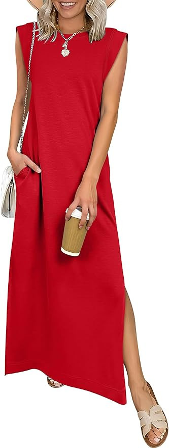 ANRABESS Women Summer Casual Sleeveless Maxi Dress 2026 Crewneck Loose Split Wrinkle-Free Beach T... | Amazon (US)