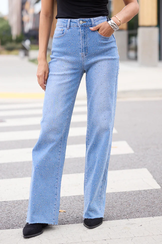 Kelsea Rhinestone Wide Leg Jeans | Pink Lily