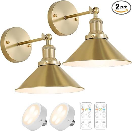 Gold Vintage Wireless Battery Operated Wall Sconces, Industrial Cordless Battery Powered Led Wall... | Amazon (US)