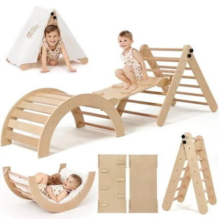 Pikler Triangle Set, Caveen 8 in 1 Montessori Climbing Set, Wooden Climbing Toys, with Arch, Ramp, Ladder, Tent and Cushion, Indoor Jungle Gym for Toddlers 0.5-6 Years Old | Walmart (US)