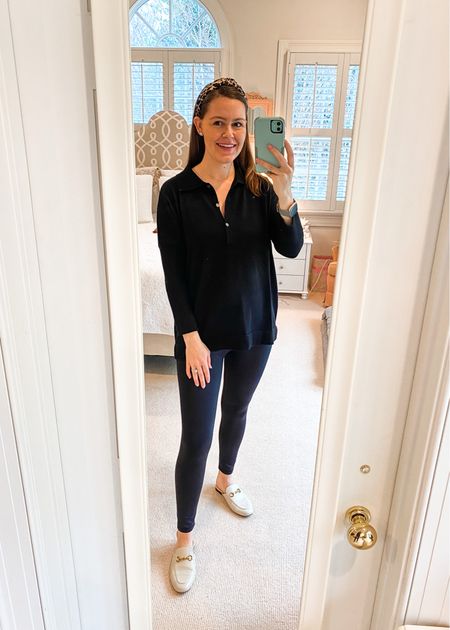 Loving this bump friendly polo sweater from Tuckernuck! Finally gave into the hype and it’s totally worth it! Also love these maternity legging dupes for the Spanx ones. *Wearing my pre-pregnancy size xs/small in top and small in leggings. 

Collared sweater. Button sweater. Polo sweater. Leather leggings. Maternity outfit. Pregnancy outfit. Holiday outfit. Buckle mules. Knot headband. Bump friendly. 

#LTKbaby #LTKHoliday #LTKbump