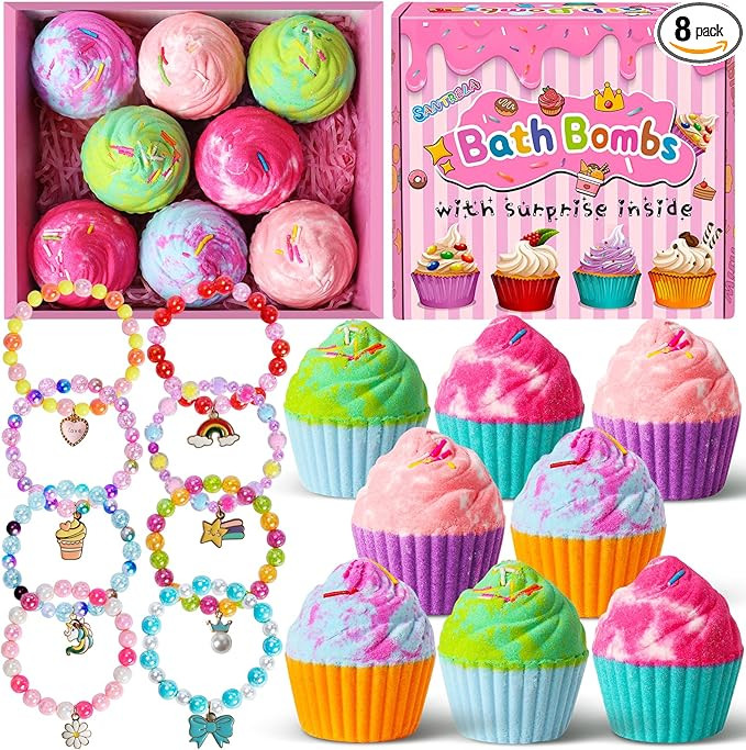 Bath Bombs for Kids with Surprise Jewelry Toys Inside, 8 Cupcake Bath Bombs Gifts Set, Girls, Tee... | Amazon (US)