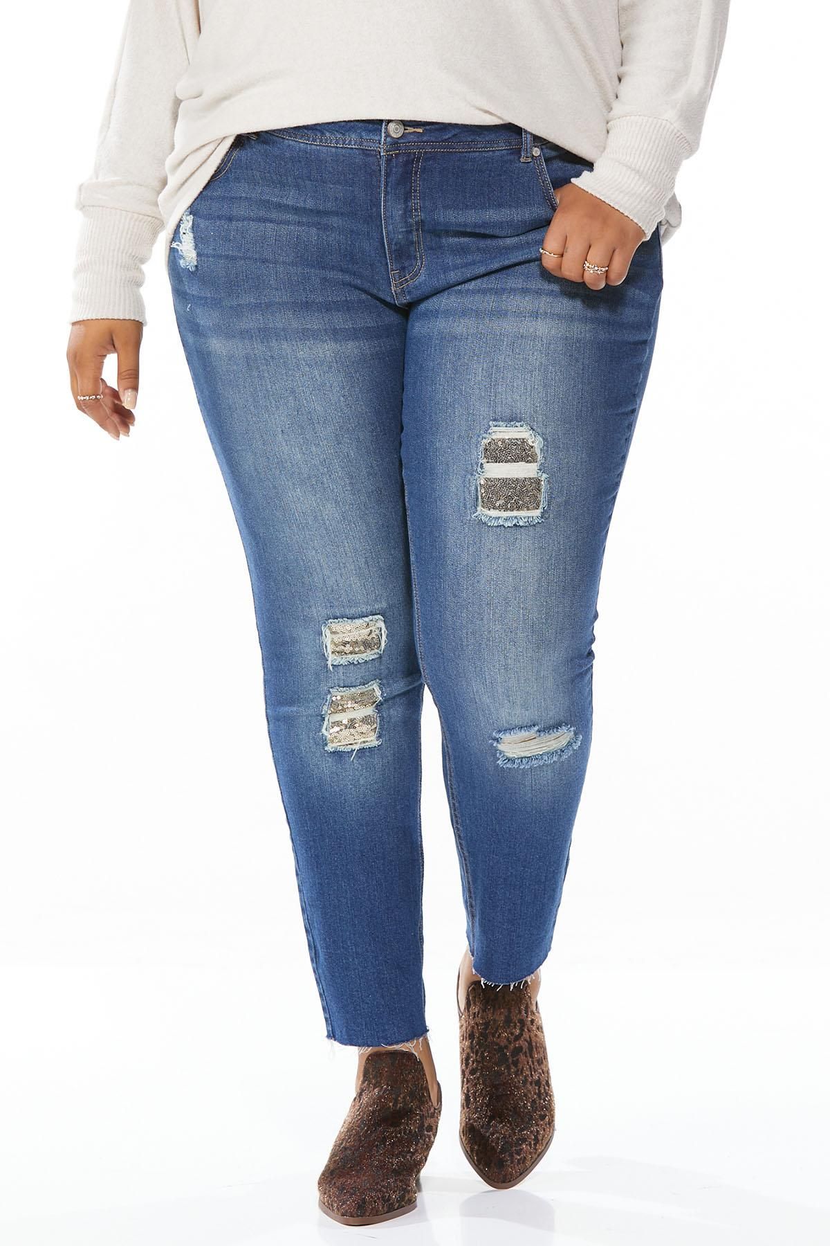 Plus Size Distressed Sequin Jeans | Cato Fashions