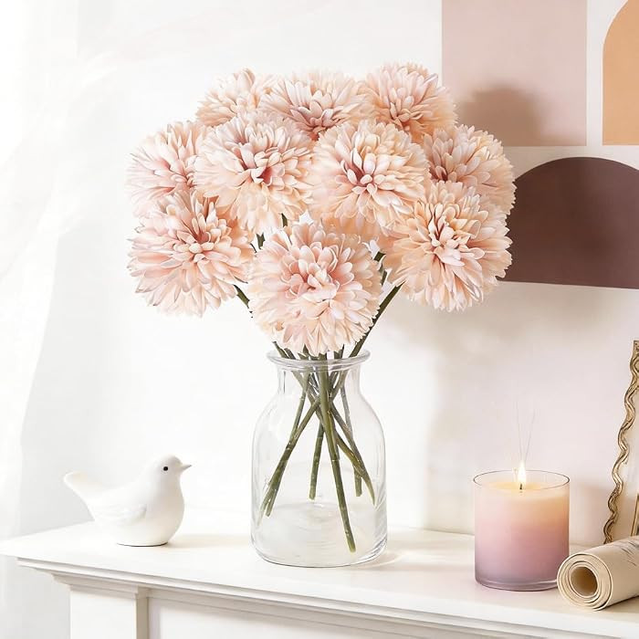 Artificial Chrysanthemum Ball Flowers Hydrangea 10Pcs Champagne Pink | Amazon (US)