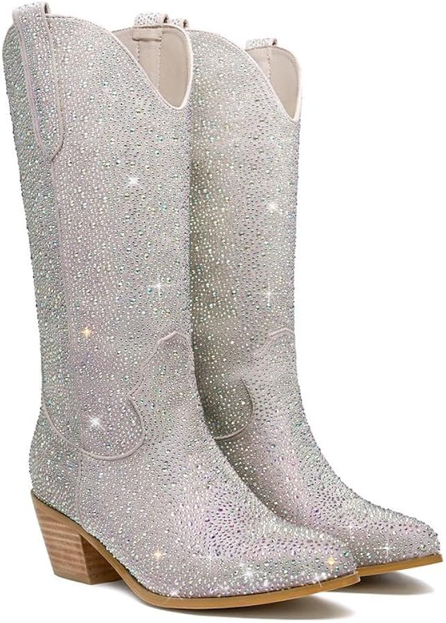 GOSERCE Rhinestone Cowboy Boots Mid Calf Sparkly Cowgirl boots for Women Pointed Toe Low Chunky S... | Amazon (US)