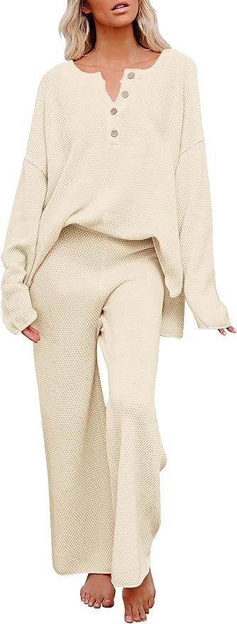 MEROKEETY Women's 2 Piece Outfit Sets Long Sleeve Button Knit Pullover Sweater and Pants Lounge S... | Amazon (US)