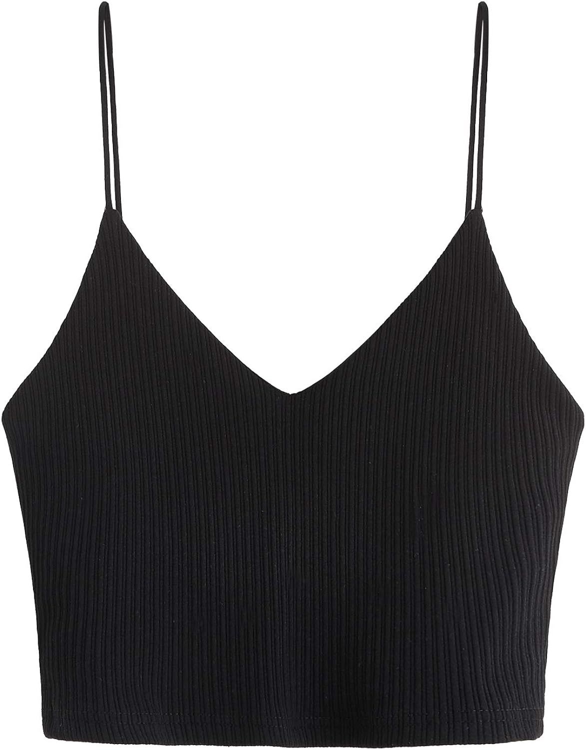 SheIn Women's Casual V Neck Sleeveless Ribbed Knit Cami Crop Top Deep Black Small | Amazon (US)