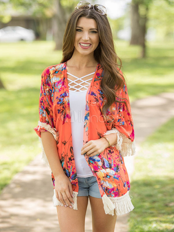 Orange Women's Kimonos Fringe Long Sleeve Lace Trim Floral Print Top | Milanoo
