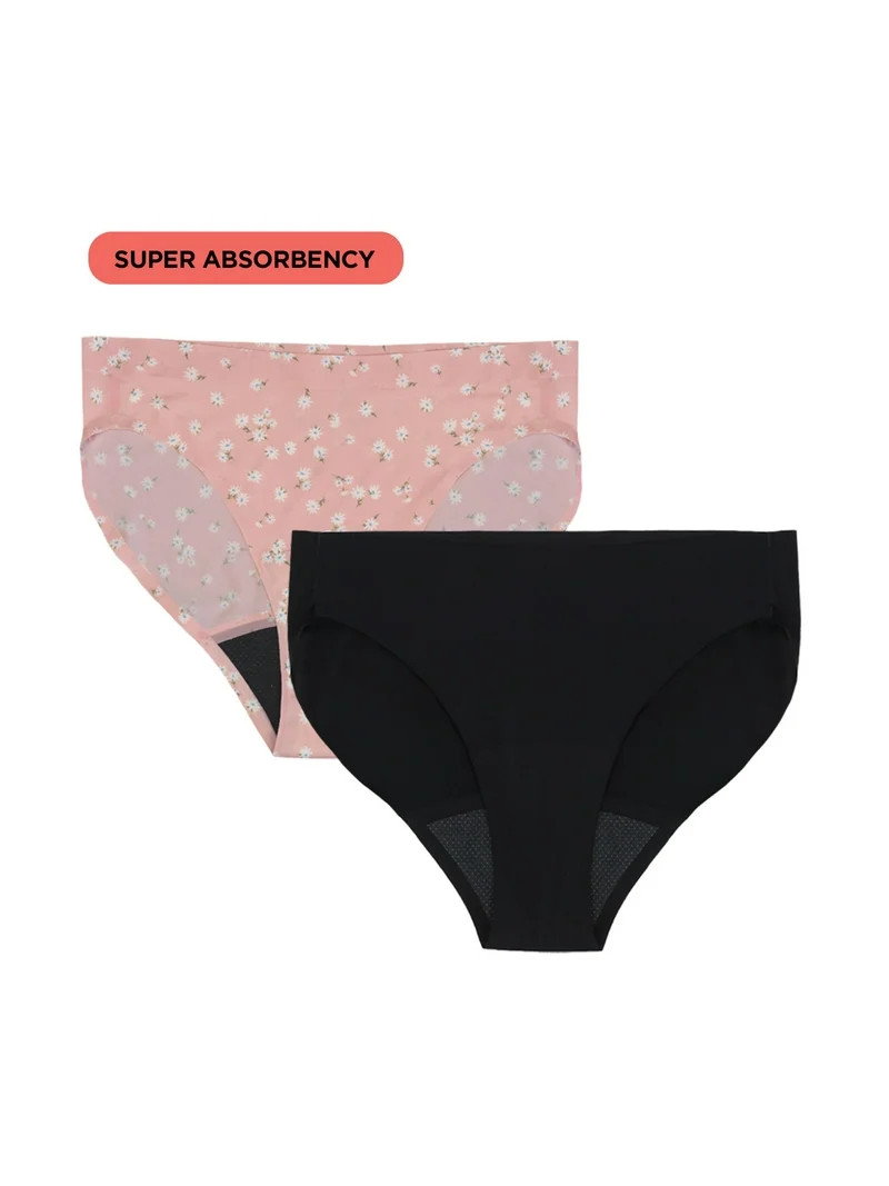 No Boundaries Bikini Super Absorbency Period Underwear, 2-Pack, Women’s XS-XXL | Walmart (US)