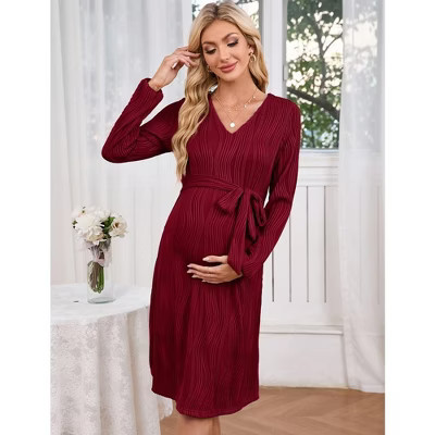 Women Long Sleeve Maternity Nursing Dress Casual V Neck Breastfeeding Ribbed Knit Belt Pregnancy Dresses Burgundy Medium | Target