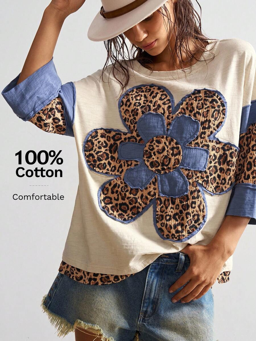 Bohemela Plus Size Women Casual Chic Street Leopard & Floral Print Dropped Shoulder Loose T-Shirt... | SHEIN