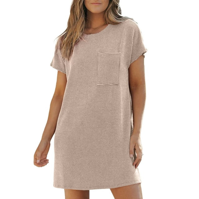 Dokotoo Women's T-shirt Ribble Shirt Dress Short Sleeve Casual Stripe Mni Dresses | Walmart (US)