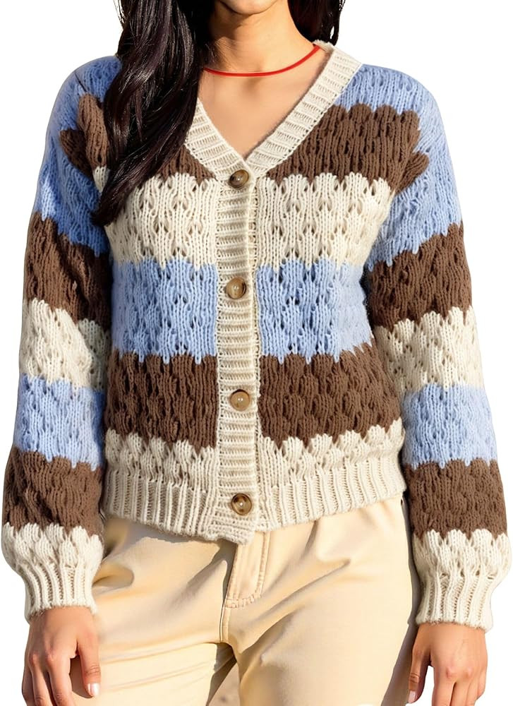 CORIRESHA Women's Fashion Casual Short Colorblock V-Neck Long Sleeve Button Front Cardigan Knitted Sweater | Amazon (US)