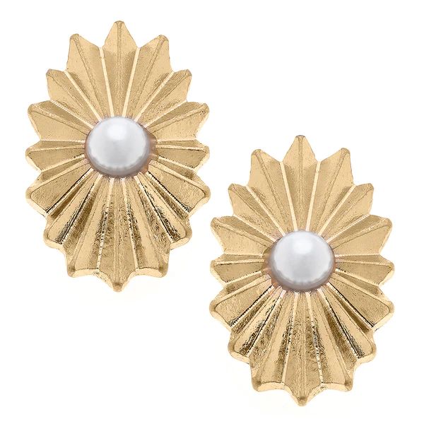 Bijou Sunburst Rosette & Pearl Stud Earrings in Worn Gold | CANVAS
