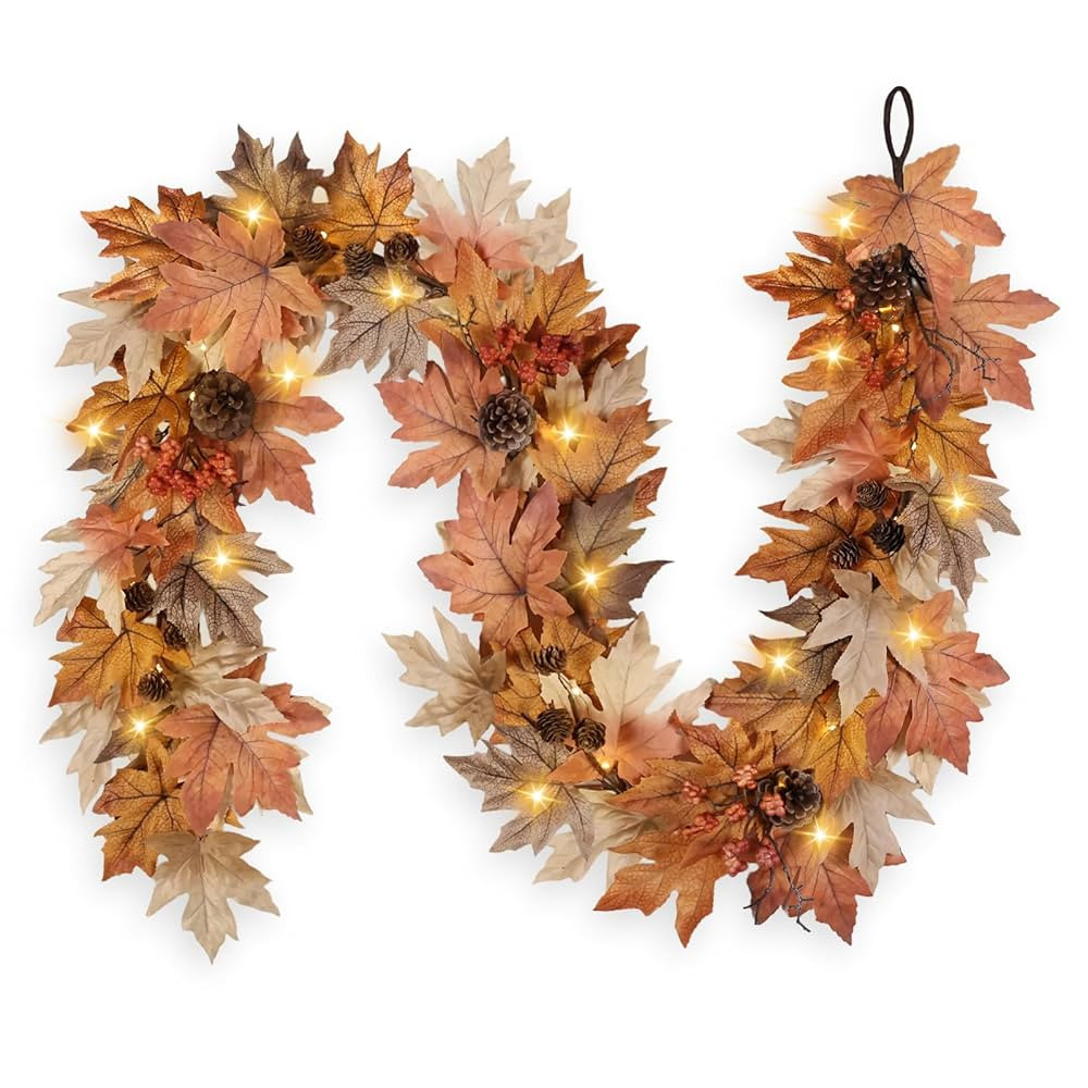 6 FT Fall Garland with Lights Timer Function Fall Leaves Garland with Berries Pine Cones Realisti... | Amazon (US)