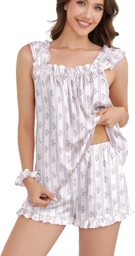 SAPJON Womens Satin Pajama Sets 4 pcs Soft Ruffle Pj Silk Tank Top and Shorts Sleepwear Bridal Pa... | Amazon (US)