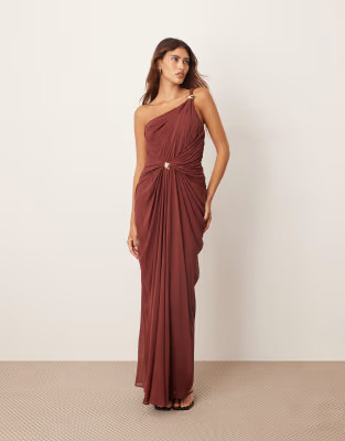 ARRANGE one shoulder draped twist detail maxi dress with metal trim detail in chocolate | ASOS (Global)