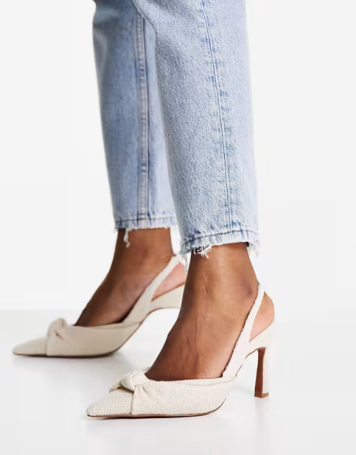 ASOS DESIGN Wide Fit Sandy knotted slingback mid heels in natural | ASOS | ASOS (Global)
