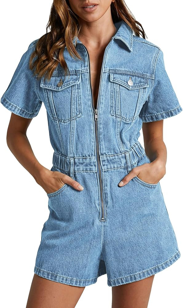 PLNOTME Womens Summer Denim Romper Short Sleeve Zip Up Utility Pockets Jean Jumpsuit Shorts | Amazon (US)