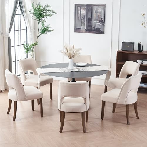 VKNOW Wooden Dining Chairs Set of 6, Modern Fabric Upholstered Dining Room Chair Kitchen Chairs, Farmhouse Dinner Chair for Kitchen Dining Room, Beige | Amazon (US)
