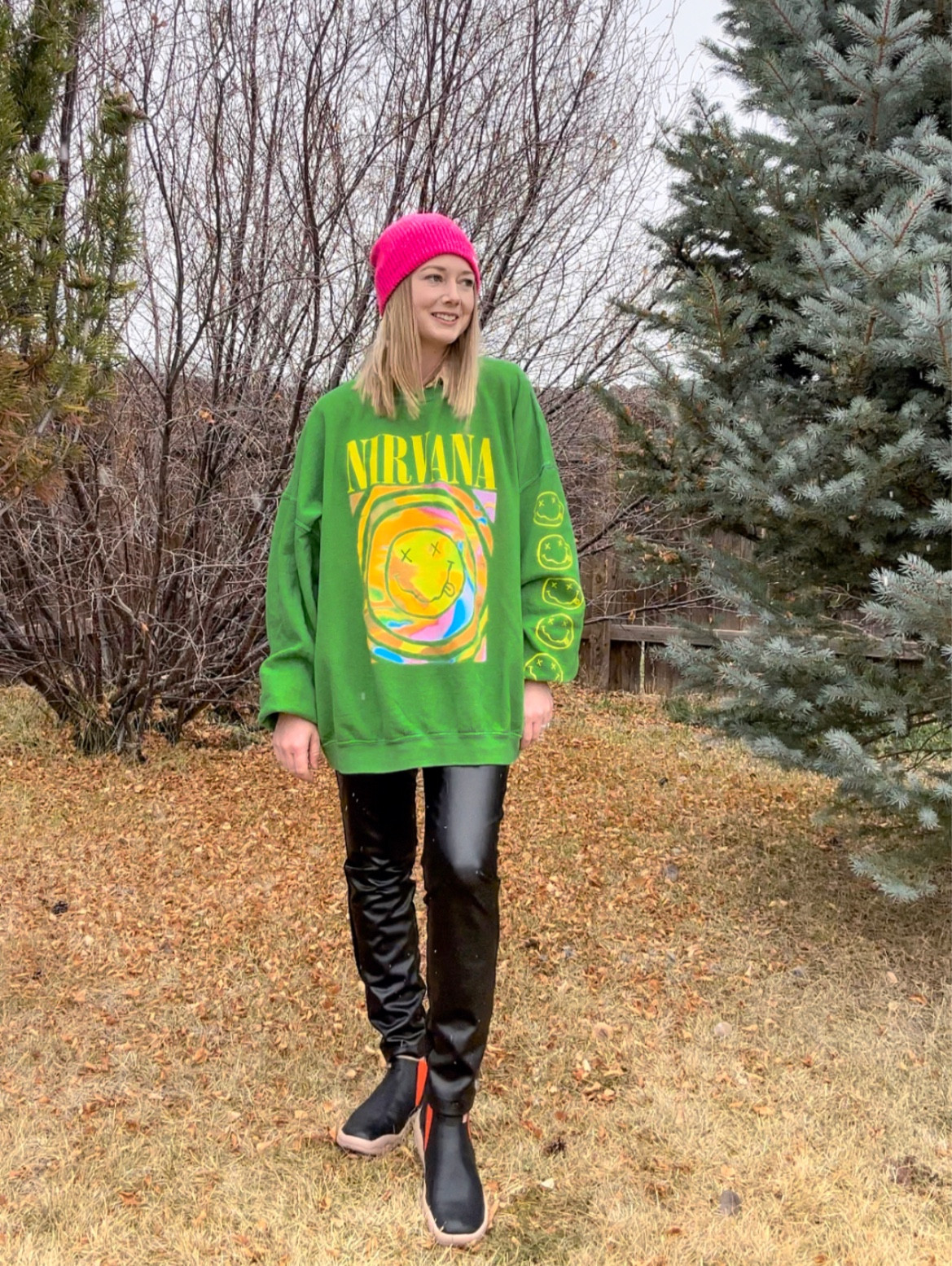 Oversized Nirvana sweater, pink beanie, faux leather pants

#LTKSeasonal #LTKfindsunder100 #LTKsalealert