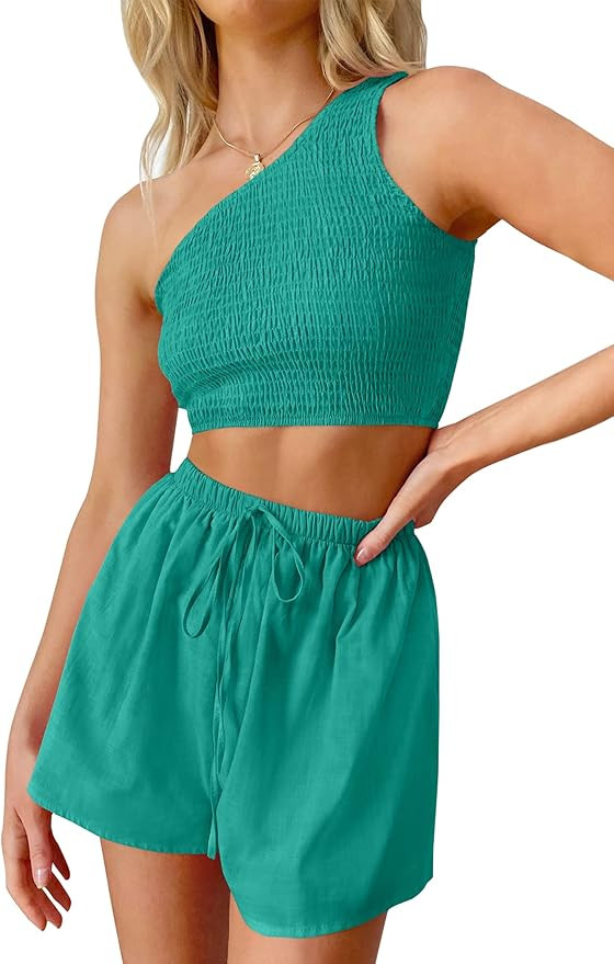 ZESICA Women's Summer Casual 2 Piece Outfits One Shoulder Smocked Crop Top and High Waist Shorts ... | Amazon (US)