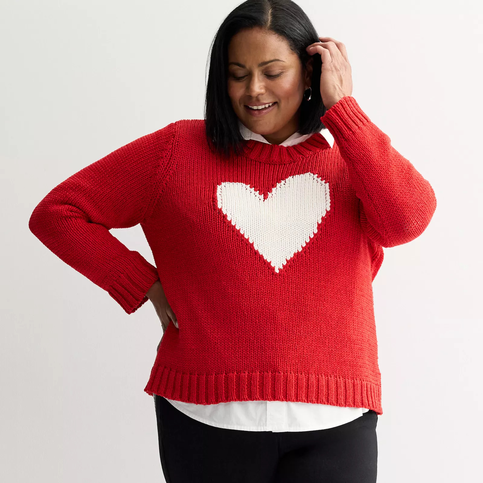 Plus Size Chelsea & Theodore Long Sleeve Crew Neck Heart Sweater, Women's, Size: 1XL, Red And White | Kohl's