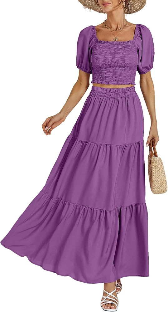 Rooscier Women's 2 Piece Outfit Shirred Short Sleeve Crop Top A Line Beach Maxi Skirt Set | Amazon (US)
