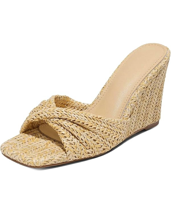 EQAUDES Wedge Sandals for Women Summer Raffia Braided Mules Slides - Slip On, Square Open Toe, Dr... | Amazon (US)