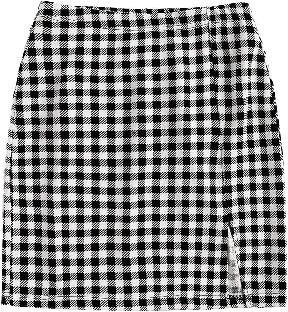 SOLY HUX Women's Plaid High Waist Split Hem A-Line Mini Skirt | Amazon (US)