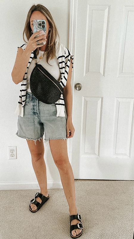 Summer style denim shorts striped sweater Birkenstock sandals, casual summer outfit 
